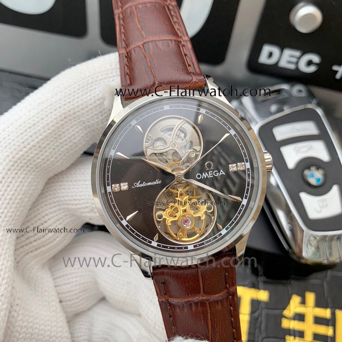 Best Omega Double Tourbillon Watches - Black Dial Brown leather